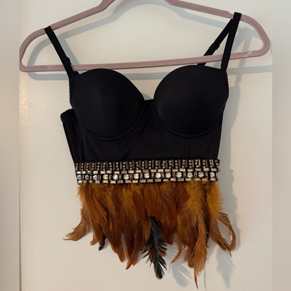 Bebe Black and Brown Feathered Bra with Embellishments